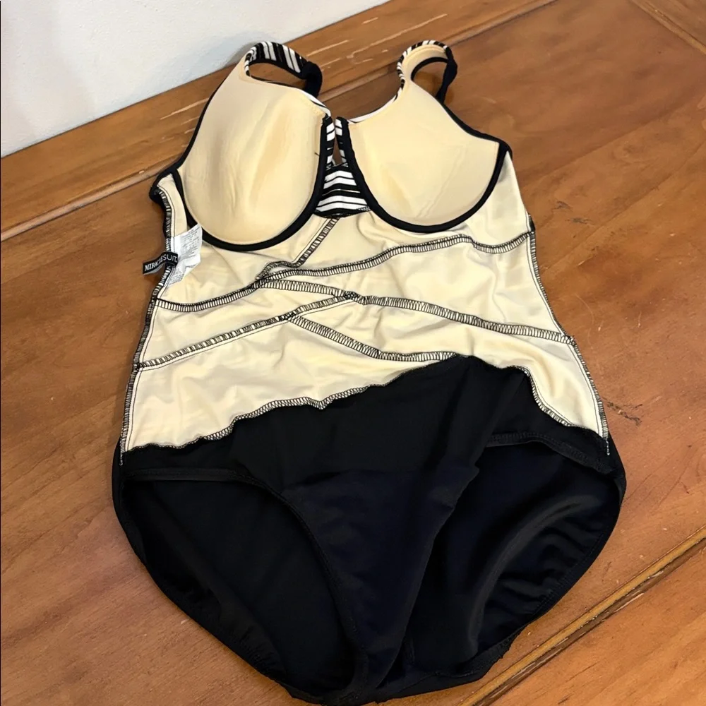 Miraclesuit One Piece Swimsuit in Black White and Gold Stripes Size 16